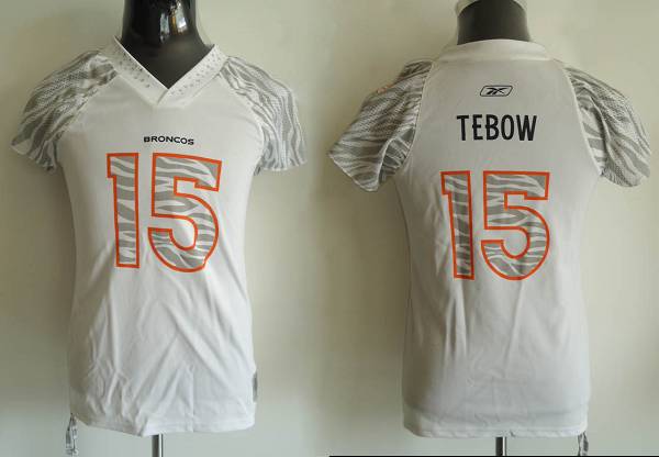 Broncos #15 Tim Tebow White Women's Zebra Field Flirt Stitched NFL Jersey